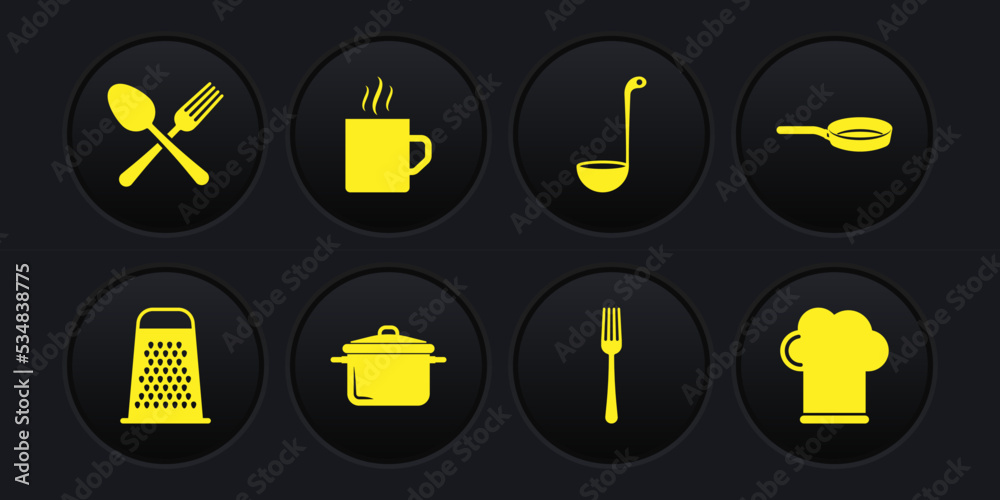 Set Grater, Frying pan, Cooking pot, Fork, Kitchen ladle, Coffee cup, Chef hat and Crossed fork and spoon icon. Vector