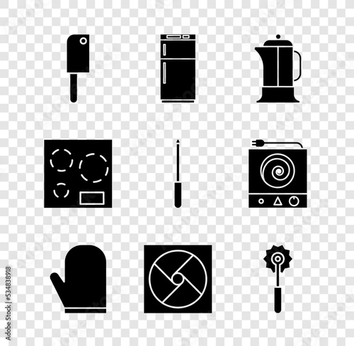 Set Meat chopper, Refrigerator, French press, Oven glove, Ventilation, Pizza knife, Electric stove and Knife sharpener icon. Vector