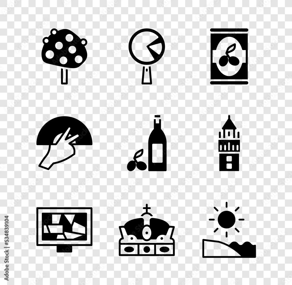Set Orange tree, Omelette in frying pan, Olives can, Picture art, Crown of spain, Beach, Fan flamenco and Bottle olive oil icon. Vector