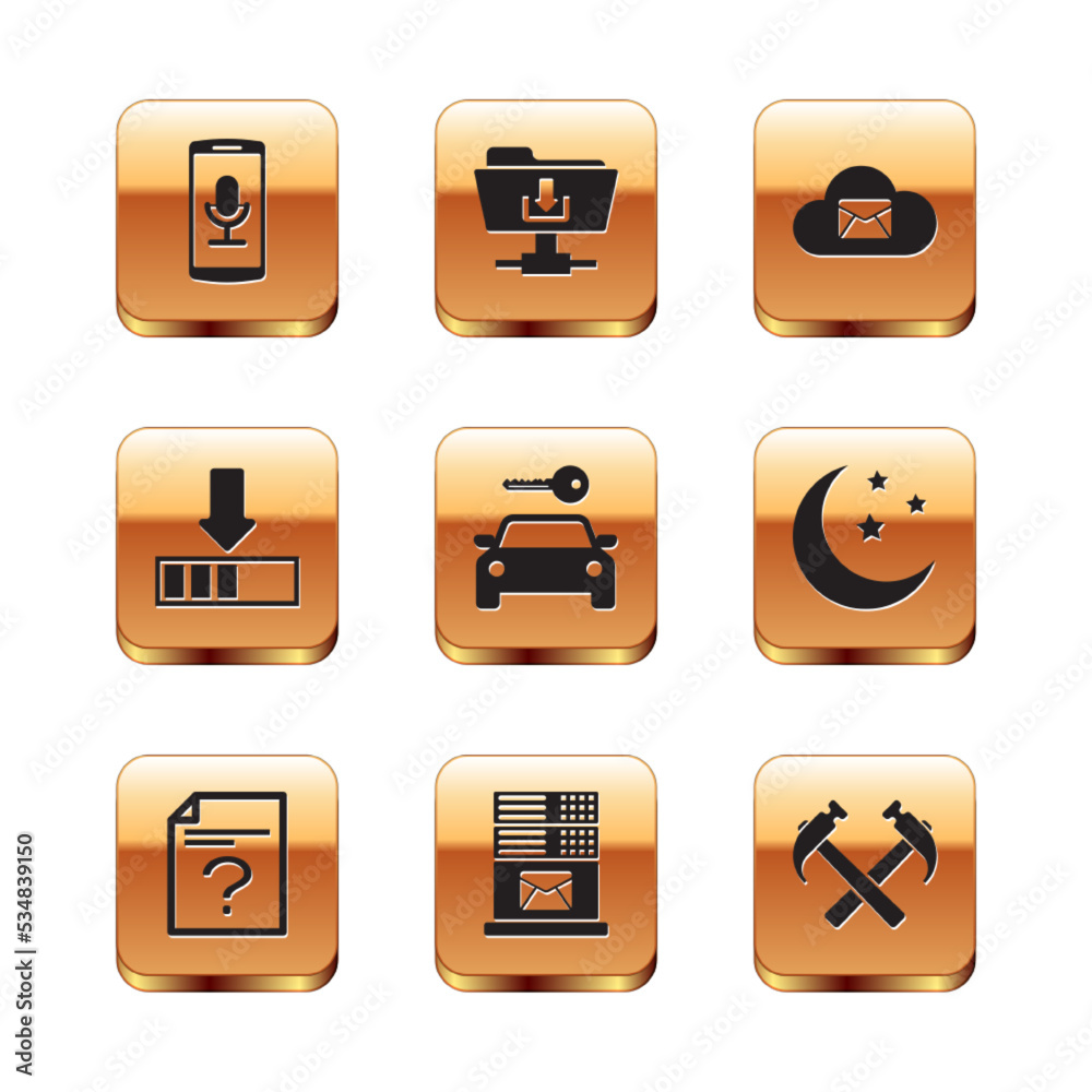 Set Mobile recording, Unknown document, Mail server, Car rental, Loading and Cloud mail icon. Vector Set Mobile recording, Unknown document, Mail server, Car rental, Loading and Cloud mail icon. Vector