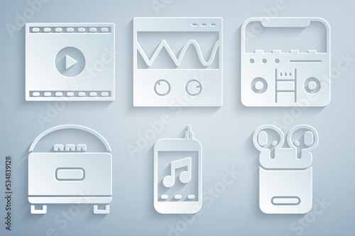Set Music player, Home stereo with speakers, Stereo, Air headphones in box, Oscilloscope and Online video icon. Vector
