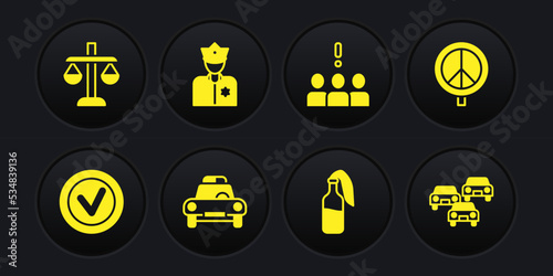 Set Check mark in round, Peace, Police car and flasher, Cocktail molotov, Crowd protest, officer, Traffic jam and Scales justice icon. Vector
