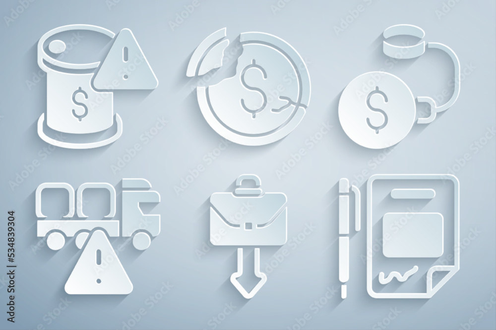Set Briefcase, Debt ball chained to coin, Stop delivery cargo truck, Contract money and pen, Dollar rate decrease and Drop crude oil price icon. Vector Set Briefcase, Debt ball chained to coin, Stop delivery cargo truck, Contract money and pen, Dollar rate decrease and Drop crude oil price icon. Vector