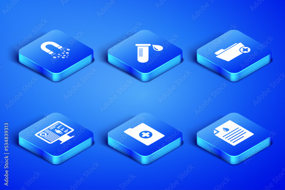 Set Clipboard with blood test, Magnet money, Clinical record, monitor, Test tube drop of and Health folder icon. Vector