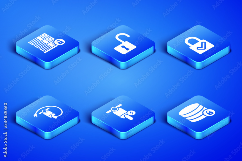 Set Server security with lock, , Electric scooter, , Open padlock and Lock and check mark icon. Vector Set Server security with lock, , Electric scooter, , Open padlock and Lock and check mark icon. Vector