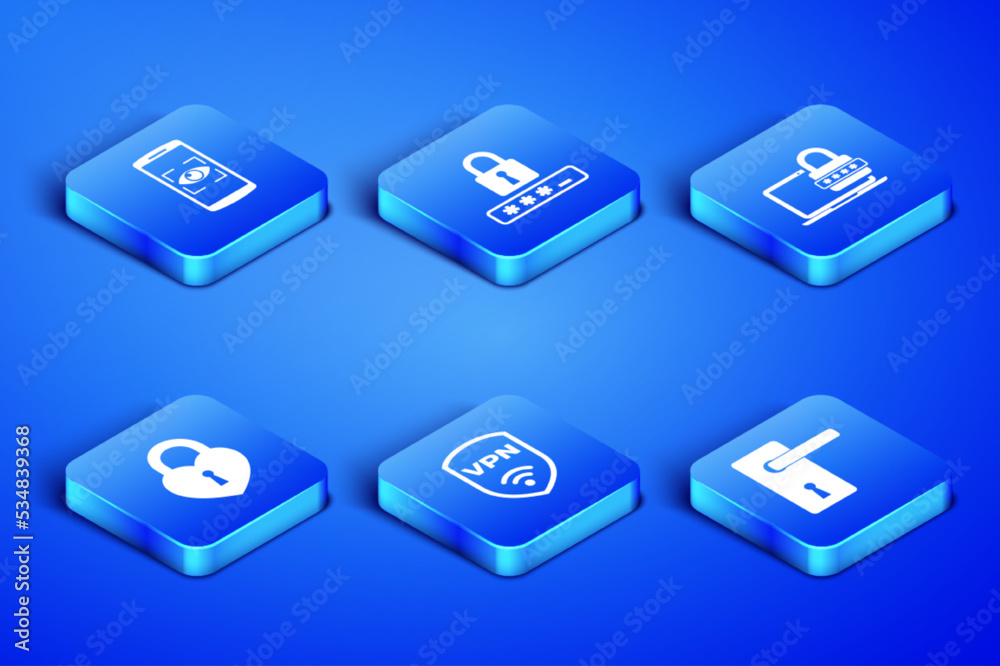 Set Door handle, Mobile eye scan, Shield with VPN wireless, Castle in the shape of heart, Password protection and Laptop password icon. Vector Set Door handle, Mobile eye scan, Shield with VPN wireless, Castle in the shape of heart, Password protection and Laptop password icon. Vector