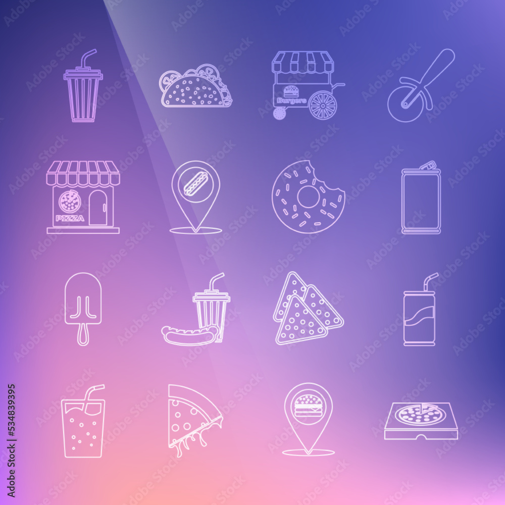 Set line Pizza in cardboard box, Soda can with drinking straw, Aluminum, Fast street food cart, Location hotdog, Pizzeria building facade, Glass water and Donut icon. Vector Set line Pizza in cardboard box, Soda can with drinking straw, Aluminum, Fast street food cart, Location hotdog, Pizzeria building facade, Glass water and Donut icon. Vector
