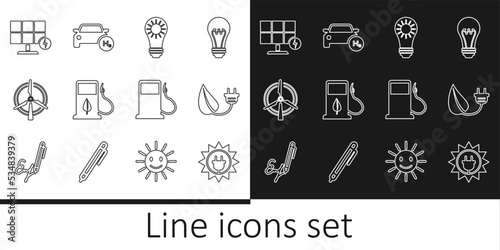 Set line Solar energy panel, Electric saving plug in leaf, Bio fuel with fueling nozzle, Rotating wind turbine, Petrol or Gas station and Hydrogen car icon. Vector