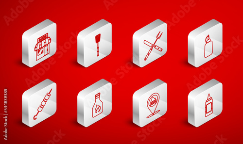 Set line Mustard bottle, Barbecue spatula, Crossed fork and knife, Location with barbecue, shopping building, Ketchup and Grilled shish kebab icon. Vector