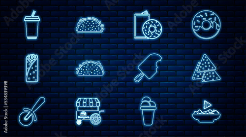 Set line Nachos in plate, Aluminum can soda and donut, Taco with tortilla, Burrito, Glass water, Ice cream and icon. Vector