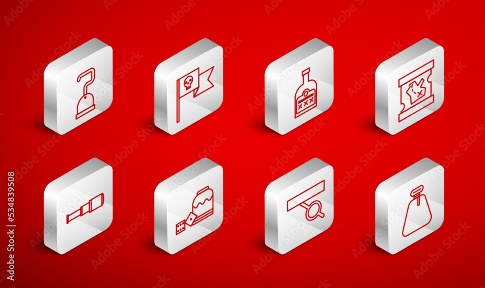 Set line Pirate sack, flag with skull, Alcohol drink Rum bottle, treasure map, eye patch, hook, game dice and Spyglass telescope lens icon. Vector Set line Pirate sack, flag with skull, Alcohol drink Rum bottle, treasure map, eye patch, hook, game dice and Spyglass telescope lens icon. Vector