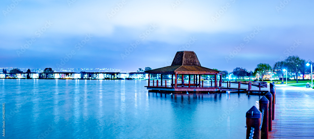 Epic Asian architecture of a gazebo at night 
