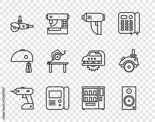 Set line Electric cordless screwdriver, Stereo speaker, industrial dryer, House intercom system, Angle grinder, Table saw for woodwork, Vending machine and circular icon. Vector