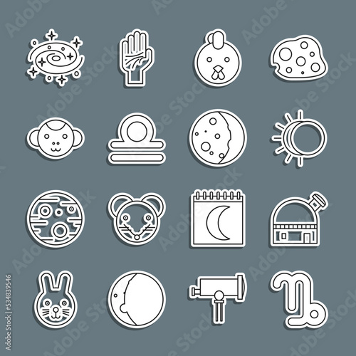 Set line Capricorn zodiac, Astronomical observatory, Eclipse of the sun, Rooster, Libra, Monkey, Milky way spiral galaxy and icon. Vector