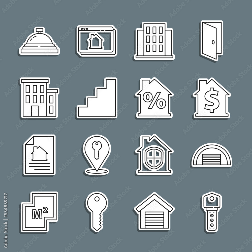 Set line House key, Garage, with dollar symbol, Staircase, Hotel service bell and percant discount icon. Vector Set line House key, Garage, with dollar symbol, Staircase, Hotel service bell and percant discount icon. Vector