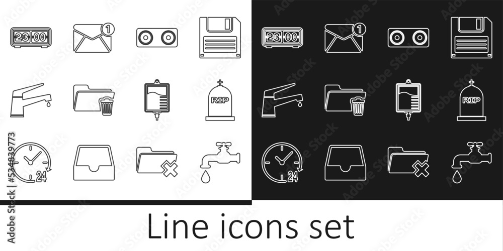 Set line Water tap, Tombstone with RIP written, Stereo speaker, Delete folder, Retro flip clock, IV bag and New, email incoming message icon. Vector