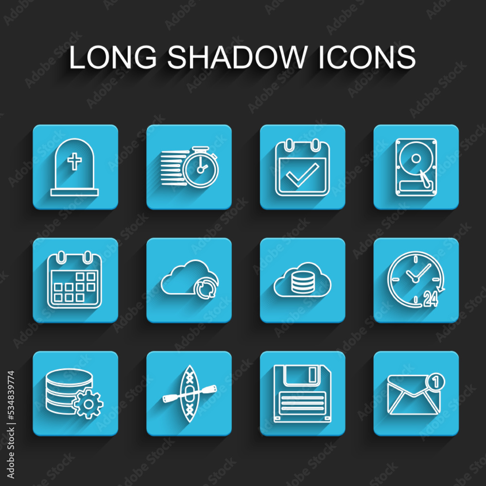 Set line Setting database server, Kayak and paddle, Tombstone with cross, Floppy disk, New, email incoming message, Cloud sync refresh, Clock 24 hours and icon. Vector Set line Setting database server, Kayak and paddle, Tombstone with cross, Floppy disk, New, email incoming message, Cloud sync refresh, Clock 24 hours and icon. Vector