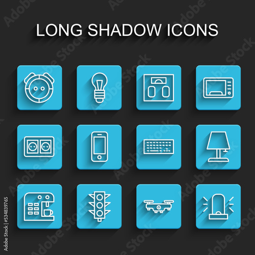 Set line Coffee machine, Traffic light, Robot vacuum cleaner, Drone flying, Flasher siren, Smartphone, Table lamp and Keyboard icon. Vector