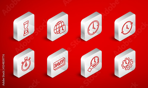 Set line Time Management, World time, Clock, Old hourglass, 24 hours and Stopwatch icon. Vector