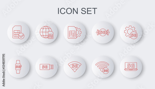Set line Laptop with 5G network, Smart watch, Sim card setting, Globe Card, modem and icon. Vector
