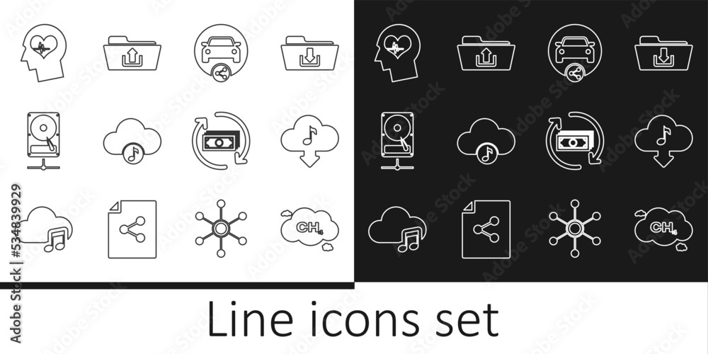 Set line Methane emissions reduction, Cloud download music, Car sharing, Music streaming service, Hard disk drive network, Head with heartbeat, Refund money and Folder upload icon. Vector
