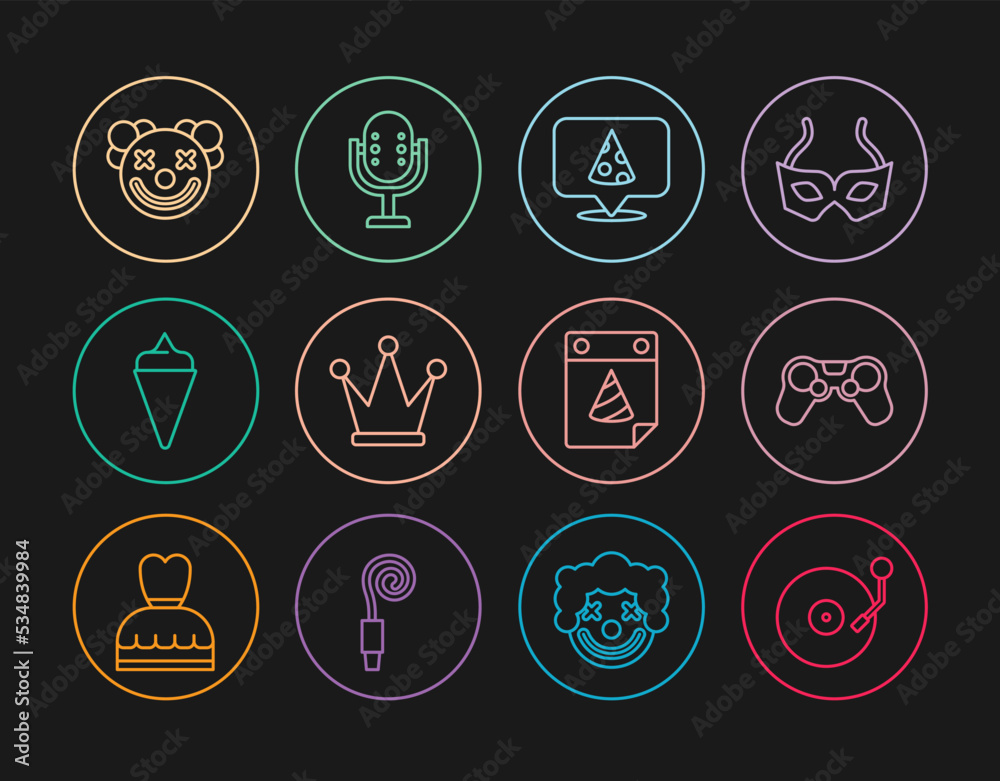 Set line Vinyl player with disk, Gamepad, Slice of pizza, Crown, Ice cream waffle cone, Clown head, Calendar party and Microphone icon. Vector Set line Vinyl player with disk, Gamepad, Slice of pizza, Crown, Ice cream waffle cone, Clown head, Calendar party and Microphone icon. Vector
