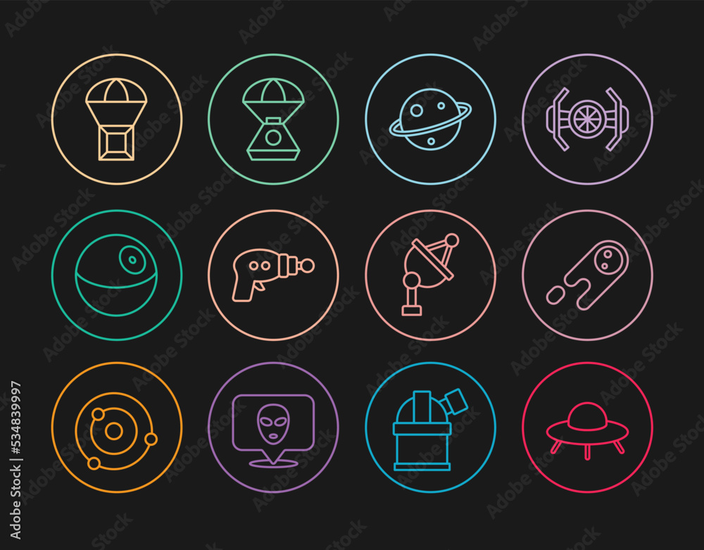 Set line UFO flying spaceship, Comet falling down fast, Planet Saturn, Ray gun, Box on parachute, Satellite dish and Space capsule icon. Vector Set line UFO flying spaceship, Comet falling down fast, Planet Saturn, Ray gun, Box on parachute, Satellite dish and Space capsule icon. Vector
