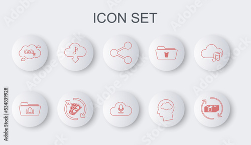 Set line Refund money, Folder upload, Share, Head silhouette with cloud, CO2 emissions in, Cloud download music, and Music streaming service icon. Vector