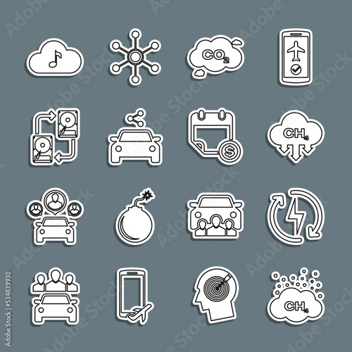 Set line Methane emissions reduction, Recharging, CO2 cloud, Car sharing, Data exchange with hhd, Music streaming service and Financial calendar icon. Vector