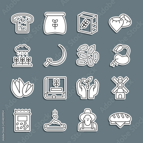 Set line Bread loaf, Windmill, Sprout, Flour pack, Sickle, Plant sprouts grow the rain, toast and Seed icon. Vector