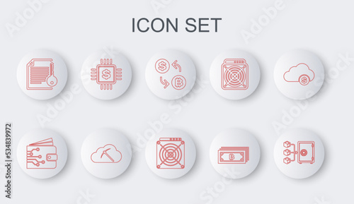 Set line Proof of stake, Cryptocurrency wallet, exchange, bitcoin, Smart contract, Processor chip with dollar, cloud mining and ASIC Miner icon. Vector