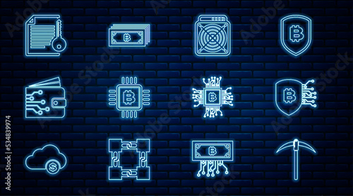 Set line Pickaxe, Shield with bitcoin, ASIC Miner, CPU mining farm, Cryptocurrency wallet, Smart contract, and icon. Vector