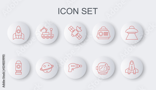 Set line Rocket ship, Satellite, Astronaut helmet, Mars rover, Planet Saturn and Ray gun icon. Vector