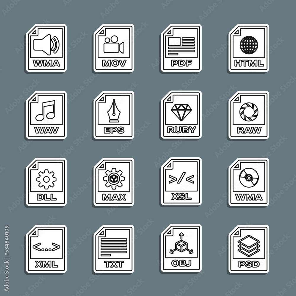 Set line PSD file document, WMA, RAW, PDF, EPS, WAV, and RUBY icon. Vector