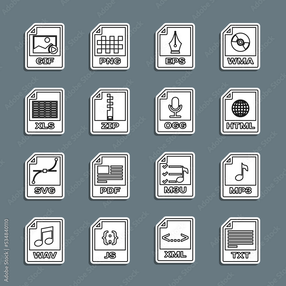 Set line TXT file document, MP3, HTML, EPS, ZIP, XLS, GIF and OGG icon. Vector Set line TXT file document, MP3, HTML, EPS, ZIP, XLS, GIF and OGG icon. Vector