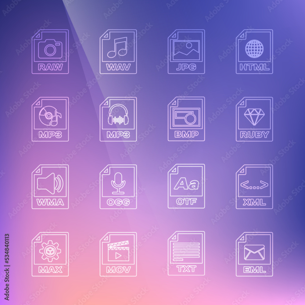 Set line EML file document, XML, RUBY, JPG, MP3, RAW and BMP icon. Vector Set line EML file document, XML, RUBY, JPG, MP3, RAW and BMP icon. Vector