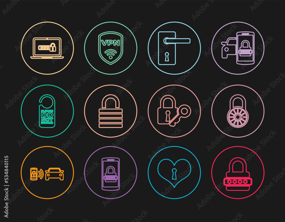 Set line Password protection, Safe combination lock wheel, Door handle, Lock, Please do not disturb, Laptop with password, key and Shield VPN wireless icon. Vector Set line Password protection, Safe combination lock wheel, Door handle, Lock, Please do not disturb, Laptop with password, key and Shield VPN wireless icon. Vector
