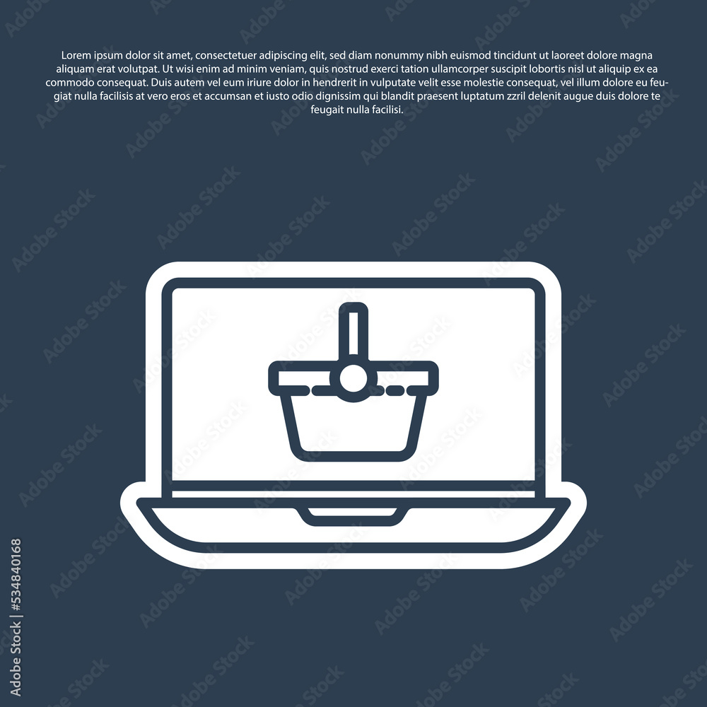 Blue line Shopping basket on screen laptop icon isolated on blue background. Concept e-commerce, e-business, online business marketing. Vector Illustration Blue line Shopping basket on screen laptop icon isolated on blue background. Concept e-commerce, e-business, online business marketing. Vector Illustration