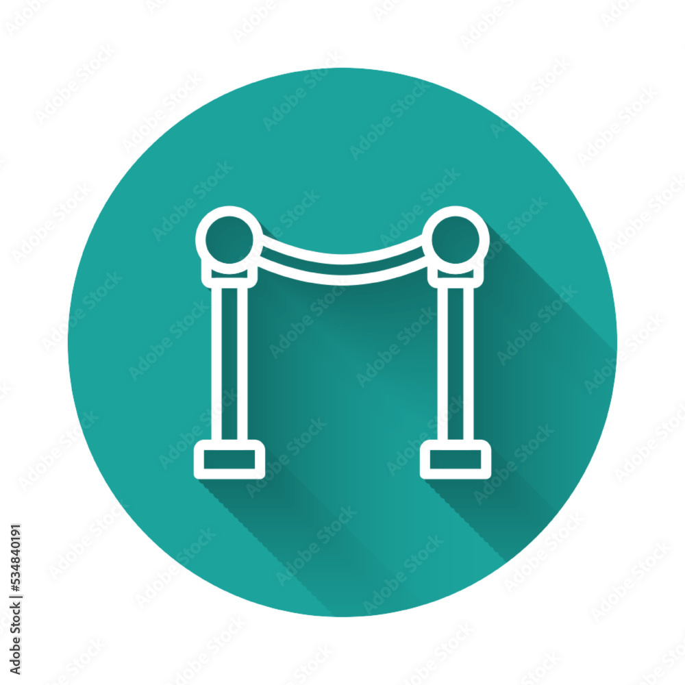 White line Rope barrier icon isolated with long shadow. VIP event, luxury celebration. Celebrity party entrance. Green circle button. Vector White line Rope barrier icon isolated with long shadow. VIP event, luxury celebration. Celebrity party entrance. Green circle button. Vector