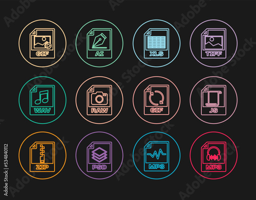 Set line MP3 file document, JS, XLS, RAW, WAV, GIF, and AI icon. Vector