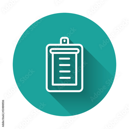 White line Clipboard with checklist icon isolated with long shadow. Control list symbol. Survey poll or questionnaire feedback form. Green circle button. Vector