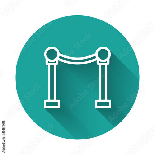 White line Rope barrier icon isolated with long shadow. VIP event, luxury celebration. Celebrity party entrance. Green circle button. Vector