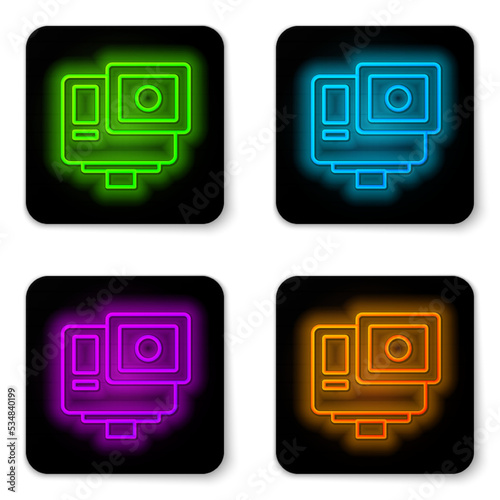 Glowing neon line Action extreme camera icon isolated on white background. Video camera equipment for filming extreme sports. Black square button. Vector