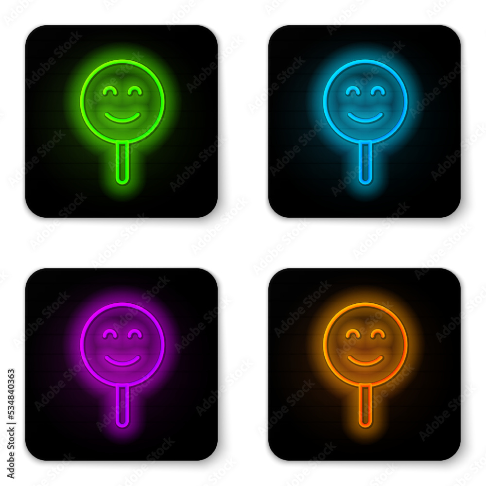 Glowing neon line Smile face icon isolated on white background. Smiling emoticon. Happy smiley chat symbol. Black square button. Vector Glowing neon line Smile face icon isolated on white background. Smiling emoticon. Happy smiley chat symbol. Black square button. Vector