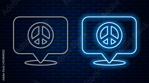 Glowing neon line Location peace icon isolated on brick wall background. Hippie symbol of peace. Vector