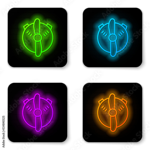 Glowing neon line Plane propeller icon isolated on white background. Vintage aircraft propeller. Black square button. Vector