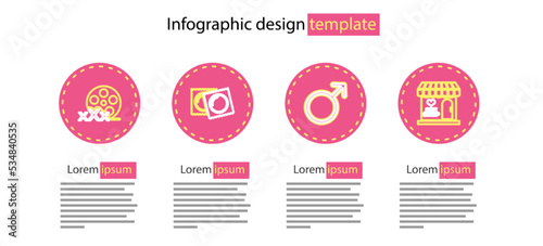 Set line Male gender symbol, Sex shop building, Condoms package and Film reel with icon. Vector