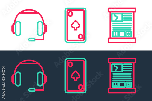 Set line Game guide, Headphones and Playing card with diamonds icon. Vector