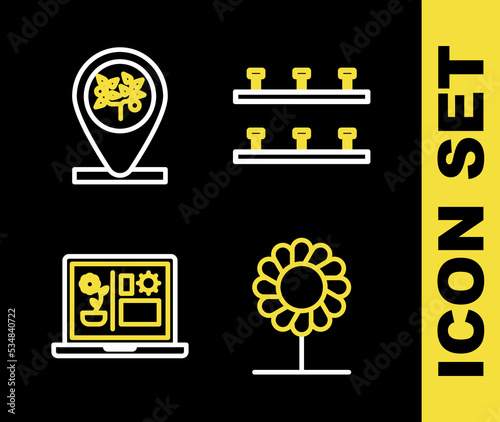 Set line Automatic irrigation sprinklers, Flower, Smart farming technology and Location and tree icon. Vector