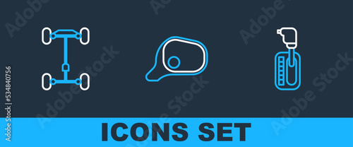 Set line Gear shifter, Chassis car and Car mirror icon. Vector